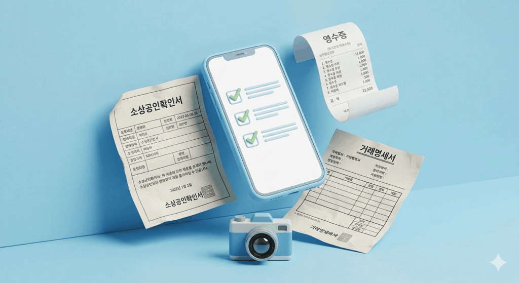 소상공인 냉난방기 지원금 확인서, 영수증, 거래명세서 서류와 체크리스트가 표시된 스마트폰, 그리고 서류를 촬영하는 카메라가 배치된 3D 아이콘, 환급 신청 준비물 이미지.